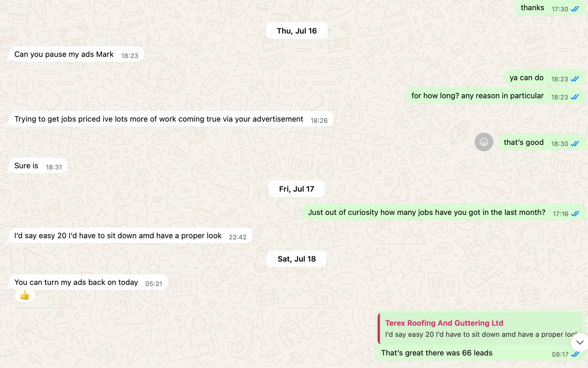 WhatsApp conversation with Terex Roofing about lead volume